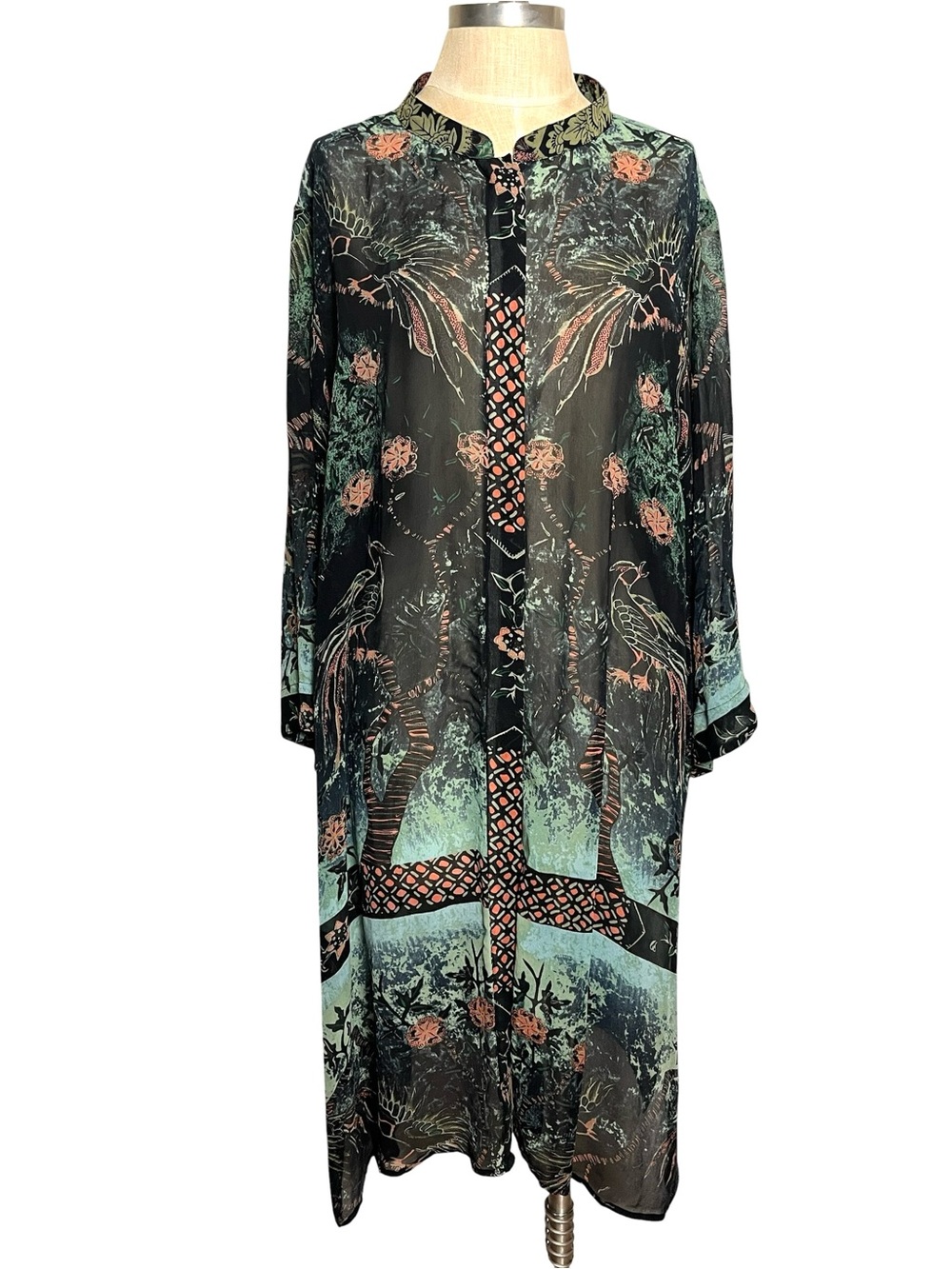 Citron Santa Monica Silk Kimono Long Tunic Button Front Bird Floral Jacket 3X